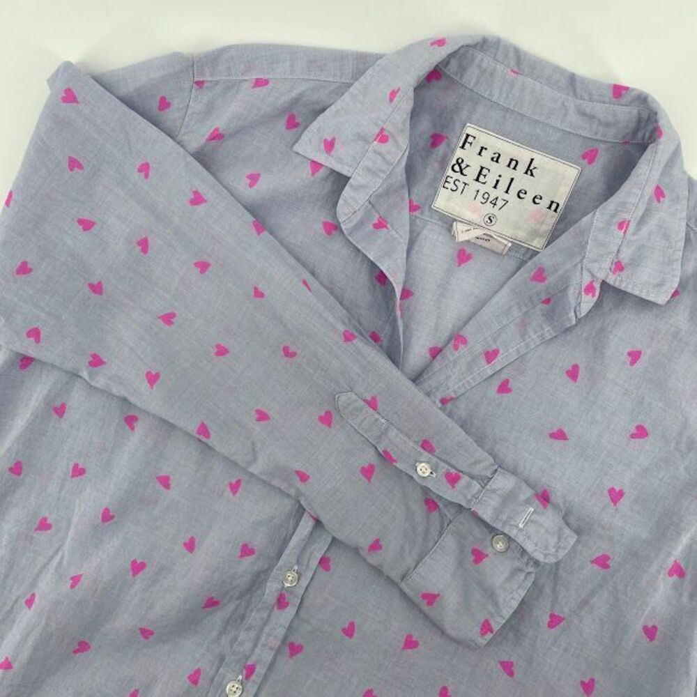 Frank & Eileen Blue Button Down Shirt Pink Hearts Print Long Sleeve Size S